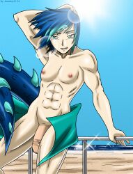  1boy abs beach blue_eyes blue_hair completely_nude dragon_tail flaccid highres large_penis male_focus navel nipples nude original penis solo sseanboy23 tail  rating:Explicit score:1 user:Mlplottery1