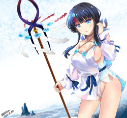  1girl bare_shoulders black_hair blue_eyes blue_ribbon blush breasts collarbone dress fate/grand_order fate/requiem fate_(series) fundoshi highres japanese_clothes jewelry large_breasts long_sleeves looking_at_viewer magatama magatama_hair_ornament magatama_necklace medium_hair mint_(cerbi) multicolored_hair necklace ocean parted_lips pelvic_curtain pink_hair polearm puffy_long_sleeves puffy_sleeves ribbon seigaiha short_dress sideboob sideless_outfit solo spear streaked_hair thighs utsumi_erice weapon white_dress 