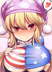 1girl alternate_breast_size american_flag_shirt blonde_hair blush breasts clownpiece commentary_request fairy_wings gero_zoukin hair_between_eyes hat heart jester_cap large_breasts looking_at_viewer neck_ruff pointy_ears polka_dot_headwear smile solo touhou underboob wings rating:Sensitive score:29 user:danbooru