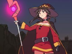 1girl animated belt black_gloves blush bouncing_breasts breast_expansion breasts brown_hair bursting_breasts cape collarbone cowboy_shot dress embarrassed fingerless_gloves flat_chest gigantic_breasts gloves hat kono_subarashii_sekai_ni_shukufuku_wo! large_areolae long_sleeves lowres megumin momo_no_suidou-sui open_mouth outdoors red_dress red_eyes short_hair sidelocks solo staff standing video wardrobe_malfunction witch_hat rating:Explicit score:332 user:SlayDash
