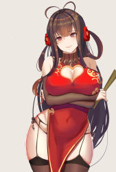 1girl antenna_hair bad_id bad_pixiv_id bare_shoulders black_panties black_thighhighs breast_hold breasts bridal_gauntlets brown_hair china_dress chinese_clothes cleavage cleavage_cutout closed_mouth clothing_cutout commentary_request covered_navel cowboy_shot crossed_arms dress dsr-50_(girls&#039;_frontline) dsr-50_(red_peony)_(girls&#039;_frontline) flower folded_fan folding_fan garter_belt girls&#039;_frontline gongba_laoge grey_background hair_flower hair_ornament halterneck hand_fan heart_cutout highres holding holding_fan large_breasts long_hair looking_at_viewer official_alternate_costume panties red_eyes see-through side-tie_panties simple_background smile solo standing thighhighs underwear very_long_hair rating:Sensitive score:40 user:danbooru