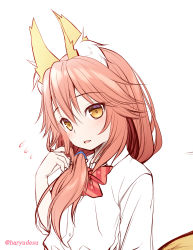 1girl animal_ear_fluff animal_ears bangs brown_eyes collared_shirt commentary_request dress_shirt eyebrows_visible_through_hair fang fate/extra fate_(series) flying_sweatdrops fox_ears fox_girl fox_tail hair_between_eyes hair_over_shoulder hand_up haryuu_(poetto) highres long_hair parted_lips red_hair shirt simple_background solo tail tamamo_(fate)_(all) tamamo_no_mae_(fate) twitter_username upper_body white_background white_shirt 