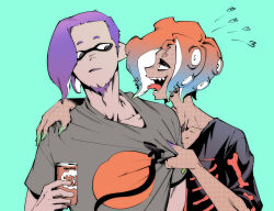 2boys bad_link drink fang highres holding holding_drink ikkan_(splatoon) inkling inkling_player_character multiple_boys nintendo octoling octoling_player_character piercing shirt shirt_tug splatoon_(series) t-shirt tentacle_hair tongue tongue_out tongue_piercing warabi_(splatoon) yousuke_(yosk)