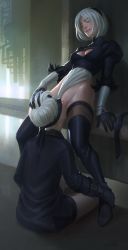  1boy 1girl 2b_(nier:automata) 9s_(nier:automata) artist_request breasts closed_eyes clothing_aside cunnilingus hetero highres leotard leotard_aside lip_biting nier:automata nier_(series) oral pussy uncensored  rating:Explicit score:89 user:report_yasuo_4_feed