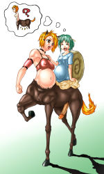 2girls animal_ears antennae blonde_hair breasts brown_eyes centaur choker futanari green_hair hair_ornament halterneck halterneck hooves impossible_clothes impossible_shirt lipstick makeup monster_girl multiple_girls nipples penis pregnant pussy shadow shell shirt snail snail_girl tail taur thought_bubble rating:Explicit score:45 user:Luthorne
