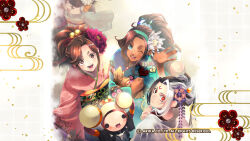 3girls black_hair brown_eyes brown_hair closed_mouth dark-skinned_female dark_skin fighting_ex_layer flower hair_flower hair_ornament highres japanese_clothes kimono long_hair looking_at_viewer multiple_girls nanase_(street_fighter) new_year official_art official_wallpaper open_mouth ponytail pullum_purna sanane shirase_(street_fighter) smile street_fighter street_fighter_ex_(series) technictix 