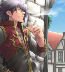 1boy black_coat black_hair blue_sky brick_wall building cigarette cloud coat commentary_request cross cross_necklace day hair_between_eyes jewelry leaning_back long_sleeves looking_afar male_focus multicolored_coat necklace open_clothes open_coat open_mouth outdoors priest_(ragnarok_online) purple_eyes ragnarok_online red_coat sezaki_takumi short_hair sky smoking solo town two-tone_coat upper_body