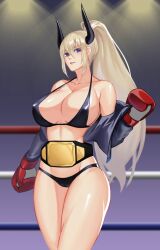  1girl artist_name bikini boxing boxing_gloves boxing_ring character_request dungeon_and_fighter highres horns midriff swimsuit tagme 