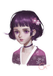  1girl choker commentary_request flower ginxiee hair_flower hair_ornament highres looking_at_viewer nose portrait purple_choker purple_eyes purple_hair short_hair simple_background solo upper_body white_background  rating:Sensitive score:2 user:danbooru