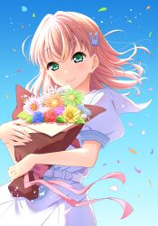  1girl aqua_eyes birthday flower hinoshita_kaho link!_like!_love_live! looking_at_viewer love_live! outdoors qy73 short_sleeves smile solo 