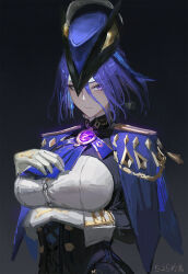  1girl absurdres arm_under_breasts ascot black_background black_corset blue_ascot blue_capelet blue_hair breasts capelet clorinde_(genshin_impact) closed_mouth commentary_request corset dark_blue_hair epaulettes fold-over_gloves framed_breasts genshin_impact gloves hair_between_eyes hat hat_feather highres large_breasts lingear long_hair long_hair_between_eyes looking_at_viewer multicolored_hair purple_eyes shirt signature solo streaked_hair taut_clothes taut_shirt tricorne upper_body vision_(genshin_impact) white_gloves white_shirt 