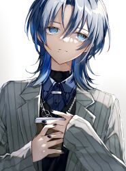  1girl black_nails black_sweater_vest blue_eyes blue_hair blue_shirt closed_mouth coffee_cup collared_shirt cup disposable_cup grey_jacket highres hiodoshi_ao holding holding_cup hololive hololive_dev_is jacket lapels light_smile looking_to_the_side mole mole_under_mouth shirt short_hair simple_background smile solo spicaboy striped_clothes striped_jacket sweater_vest upper_body white_background 