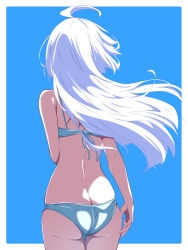  absurdres ahoge alternate_hairstyle ass back bikini blue_background blue_bikini borgbutler butt_crack commentary_request cowboy_shot facing_away from_behind grey_hair gundam gundam_suisei_no_majo hair_down highres long_hair miorine_rembran partial_commentary standing swimsuit thigh_gap wind 