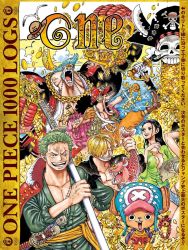  black_hair blonde_hair blue_hair breasts cleavage franky_(one_piece) gold green_hair highres large_breasts nico_robin one_piece roronoa_zoro sanji_(one_piece) sword tony_tony_chopper usopp weapon  rating:Sensitive score:5 user:tanjz