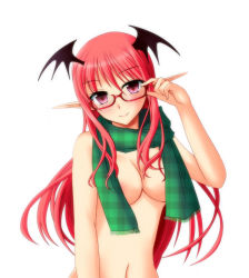 1girl bat_wings bespectacled breasts glasses head_wings koakuma long_hair looking_at_viewer medium_breasts naked_scarf navel nude plaid pointy_ears red-framed_eyewear red_eyes red_hair scarf simple_background smile solo touhou unmoving_pattern white_background wings yumi_(careca398)  rating:Questionable score:8 user:danbooru