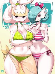  2girls absurdres alternate_color bikini breasts cleavage creatures_(company) female_focus furry furry_female game_freak gardevoir gen_3_pokemon gen_7_pokemon highres kenron_toqueen large_breasts multiple_girls nintendo no_humans pheromosa pokemon pokemon_(creature) shiny_pokemon striped_bikini striped_clothes swimsuit thighs ultra_beast  rating:Sensitive score:49 user:Cthulhu_
