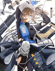  1girl 7.62x51mm_nato ammunition arms_behind_head arms_up assault_rifle bag bandage_on_face bandages bandaid bandaid_on_face baseball_cap battle_rifle bipod black_pantyhose black_shirt blonde_hair blue_eyes blue_gloves bullet commentary_request earrings fanny_pack flat_chest fn_scar fn_scar_17 folding_stock full-power_cartridge girls&#039;_frontline gloves gun hair_between_eyes hat headphones highres jacket unworn_jacket jewelry knee_guards knee_pads knee_up long_sleeves lying magazine_(weapon) messy_hair mouth_hold on_back open_mouth optical_sight pantyhose parted_lips ponytail rabb_horn rifle rifle_cartridge scar-h scar-h_(girls&#039;_frontline) scope shell_casing shirt shoulder_bag sidelocks single_knee_pad solo strap suppressor swept_bangs teeth torn_clothes torn_jacket torn_pantyhose torn_shirt turtleneck_bodysuit wallet weapon 