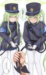  ... 1boy 2girls :d absurdres aisumegane anger_vein bag belt black_belt blue_archive blue_jacket blue_shorts blue_skirt blush buttons commentary_request curly_hair demon_girl demon_tail double-breasted embarrassed fang gloves grabbing_another&#039;s_tail grabbing_own_tail green_hair green_halo hair_between_eyes half-closed_eyes halo hat highres hikari_(blue_archive) holding_own_tail jacket knees_together_feet_apart legs_apart long_hair looking_at_viewer miniskirt multiple_girls nervous nervous_smile nozomi_(blue_archive) open_mouth pantyhose pleated_skirt short_shorts shorts shoulder_bag siblings sisters skirt smile spoken_ellipsis standing tail tail_grab thighs translation_request twins twintails very_long_hair white_gloves yellow_eyes 