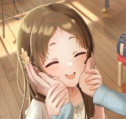  1boy 1girl ^_^ absurdres blush brown_hair cabbage_(chlehd2239) closed_eyes collarbone fingernails gakuen_idolmaster hands_on_another&#039;s_cheeks hands_on_another&#039;s_face hetero highres idolmaster indoors kuramoto_china out_of_frame shirt smile solo_focus sweat upper_body white_shirt wooden_floor 