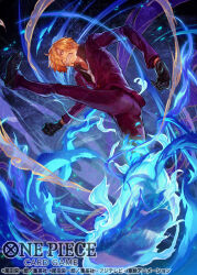  1boy black_footwear black_gloves black_shirt blonde_hair blue_fire blue_theme burgundy_jacket burgundy_pants clenched_teeth commentary_request copyright_name facial_hair fire gloves goatee leg_up looking_back male_focus necktie nijimaarc official_art one_piece one_piece_card_game sanji_(one_piece) shirt short_hair smoke solo teeth white_necktie 