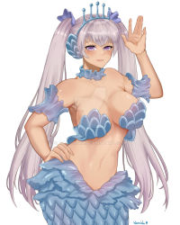  1girl black_clover breasts female_focus grey_hair hair_ribbon hand_on_own_hip highres large_breasts long_hair looking_at_viewer mermaid monster_girl noelle_silva purple_eyes ribbon simple_background smile tiara toned twintails white_background  rating:Questionable score:12 user:Hashirama089