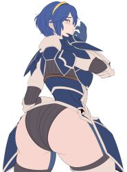  1girl absurdres alternate_costume arcedo armor ass ass_focus blue_eyes blue_hair blush breastplate breasts embarrassed fire_emblem fire_emblem_awakening fire_emblem_heroes from_behind gloves hairband highres huge_ass leotard looking_back looking_down lucina_(fire_emblem) medium_breasts nintendo short_hair solo thick_thighs thigh_strap thighhighs thighs unfinished 