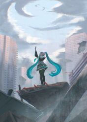  1girl aqua_hair aqua_necktie black_skirt black_sleeves boots cityscape cloud cloudy_sky detached_sleeves grey_shirt hand_on_own_chest hatsune_miku highres long_hair music necktie open_mouth post-apocalypse reaching reiartdayo rubble shirt singing skirt sky solo swirling thigh_boots twintails vocaloid 