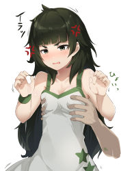 1girl bare_shoulders black_hair blush grabbing_another&#039;s_breast breasts dress grabbing green_eyes hands_up hiyajou_maho long_hair meth_(emethmeth) motion_lines open_mouth print_dress signature simple_background small_breasts solo_focus star_(symbol) star_print steins;gate steins;gate_0 sweat thick_eyebrows translation_request very_long_hair wavy_mouth white_background white_dress wristband rating:Questionable score:52 user:danbooru