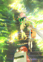  3girls absurdres aris_(blue_archive) backpack bag blue_archive blue_hair bm_tol bow dark_blue_hair green_jacket green_tea hair_bow halo highres hoshino_(blue_archive) jacket leg_warmers long_hair_between_eyes long_sleeves multiple_girls open_mouth pink_hair pointing red_hair smile stairs tea yuzu_(blue_archive) 