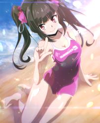 1girl bare_legs beach black_hair bow breasts bubble chromatic_aberration cleavage cloud cloudy_sky competition_swimsuit hair_bow highres lens_flare lying medium_breasts on_side one-piece_swimsuit outdoors pink_bow pink_one-piece_swimsuit reclining red_eyes senki_zesshou_symphogear sidelocks sky smile solo swimsuit tanashi_(mk2) tsukuyomi_shirabe twintails rating:Sensitive score:25 user:danbooru