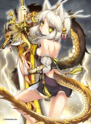 1girl animal_ears bare_shoulders cat_ears cat_tail cloud cloudy_sky dragon dragon_girl dragon_tail electricity grey_hair horns kishibe looking_at_viewer looking_back original short_hair single_horn sky solo sword tail thunder unmei_no_clan_battle weapon white_hair yellow_eyes rating:Sensitive score:25 user:danbooru