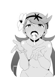1girl blush bright_pupils collarbone creatures_(company) cum cum_in_mouth cum_on_body cum_on_upper_body cum_string flower game_freak greyscale groin hair_flower hair_ornament hair_tie hairband hands_up kurosu_gatari long_hair looking_at_viewer mallow_(pokemon) monochrome navel nintendo nude open_mouth open_palms oral_invitation pokemon pokemon_sm shiny_skin simple_background solo stomach swept_bangs teeth trial_captain twintails upper_body white_background white_pupils rating:Explicit score:111 user:pc88