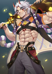  1boy abs absurdres arataki_itto bara belt black_belt black_nails chest_strap closed_mouth commentary cowboy_shot crop_top english_commentary fingernails genshin_impact grey_hair hannya highres holding holding_sword holding_weapon horns long_hair looking_at_viewer male_focus navel oni paid_reward_available red_eyes red_horns sharp_fingernails short_sleeves solo suyohara sword weapon 