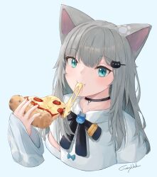 1girl absurdres animal_ears black_choker blue_background blue_eyes cat_ears cat_girl cheese_trail choker food grey_hair hair_ornament highres holding holding_food holding_pizza indie_virtual_youtuber juicyurchin long_hair looking_at_viewer nachoneko pepperoni pizza pizza_slice shirt signature simple_background sleeves_past_wrists solo virtual_youtuber white_shirt rating:General score:2 user:danbooru