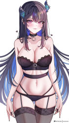  1girl asymmetrical_horns bare_shoulders black_bra black_choker black_garter_straps black_hair black_nails black_panties black_thighhighs blue_hair blush bra breasts chaisia_art choker closed_mouth collarbone colored_inner_hair cowboy_shot demon_horns garter_straps groin heart highres hololive hololive_english horns large_breasts long_hair looking_at_viewer mole mole_under_eye multicolored_hair navel nerissa_ravencroft panties patreon_username red_eyes red_lips simple_background solo stomach thighhighs two-tone_hair underwear underwear_only very_long_hair virtual_youtuber white_background 