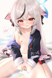 1girl absurdres animal_ear_fluff animal_ears black_bow black_hair black_jacket black_socks blue_archive blue_halo blush bottomless bow breasts censored commentary dot_nose flasher_(flasher_ura) grey_hair hair_between_eyes hair_bow halo highres jacket kokona_(blue_archive) loli long_hair long_sleeves mosaic_censoring multicolored_hair naked_jacket navel nipples nose_blush off_shoulder on_floor open_clothes open_jacket open_mouth orange_eyes own_hands_together pee peeing pussy shoes simple_background single_bare_shoulder single_off_shoulder sitting small_breasts sneakers socks solo spoken_blush spread_legs spread_pussy streaked_hair striped_clothes striped_jacket tiger_ears tiles variant_set vertical-striped_clothes vertical-striped_jacket very_long_hair wariza wavy_mouth white_background rating:Explicit score:70 user:danbooru