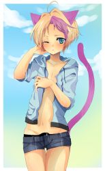  animal_ears blonde_hair blue_eyes blush cat_ears cat_tail highres sky sweat tail  rating:Sensitive score:17 user:SaikoAtiseuteu
