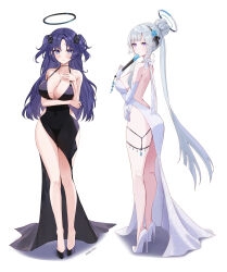  2girls absurdres alternate_costume ash_(cat7evy) ass backless_dress backless_outfit bare_shoulders black_dress blue_archive blush breasts cleavage dress evening_gown flower full_body hair_bun hair_flower hair_ornament halo hand_fan high_heels highres kneepits large_breasts looking_at_viewer multiple_girls noa_(blue_archive) paper_fan plunging_neckline ponytail purple_hair single_hair_bun two_side_up white_dress white_hair yuuka_(blue_archive)  rating:Sensitive score:36 user:danbooru