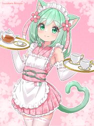  1girl absurdres animal_ear_fluff animal_ears apron blush braid cat_ears cat_girl cat_tail closed_mouth cup elbow_gloves floral_print flower frilled_apron frills gloves green_eyes green_hair hair_flower hair_ornament hairclip hazakura_hinata highres holding holding_tray japanese_clothes kimono looking_at_viewer maid maid_headdress obi original pink_background pink_flower pink_kimono ribbon_trim sash sleeveless sleeveless_kimono smile solo tail teacup teapot thighhighs tray variant_set white_apron white_thighhighs 