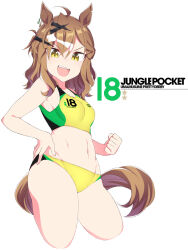  1girl ahoge animal_ears breasts brown_hair buruma character_name commentary_request cropped_legs horse_ears horse_girl horse_tail jungle_pocket_(umamusume) long_hair medium_breasts midriff multicolored_hair multicolored_sports_bra notched_ear numbered open_mouth shigino_sohuzi simple_background smile solo sports_bikini sports_bra streaked_hair tail teeth umamusume upper_teeth_only white_background white_hair yellow_buruma yellow_eyes yellow_sports_bra 
