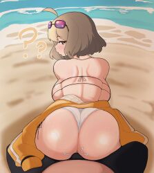  1boy 1girl ? ?? ahoge anis_(nikke) ass back backboob beach bikini blush breasts brown_eyes brown_hair bulge bulge_press bulge_to_ass clothes_around_waist erection erection_under_clothes goddess_of_victory:_nikke highres huge_ass jacket jacket_around_waist large_breasts looking_back male_swimwear ocean pov short_hair sitting sitting_on_lap sitting_on_person sunglasses_on_head sweat swimsuit trunks vammzu water  rating:Questionable score:69 user:JustHere4Butts