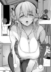 1boy 1girl :d bent_over blush breasts cleavage comic greyscale headphones highres jewelry large_breasts long_hair looking_at_viewer miyamoto_issa monochrome necklace nitroplus open_mouth shota smile super_sonico rating:Questionable score:104 user:danbooru