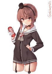 1girl alternate_costume amatsukaze_(kancolle) amatsukaze_(kancolle)_(cosplay) artificial_vagina blush breasts brown_dress brown_eyes brown_hair cosplay cowboy_shot cropped_legs dress ebifurya eyebrows_visible_through_hair garter_straps gloves grey_neckwear hair_between_eyes hand_on_hip hat highres kantai_collection looking_at_viewer mini_hat red_legwear sailor_collar sailor_dress sex_toy short_dress short_hair short_hair_with_long_locks simple_background single_glove small_breasts smokestack_hair_ornament solo striped striped_legwear tenga twitter_username white_background z3_max_schultz_(kancolle)