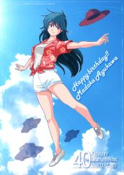  1girl absurdres anniversary artist_name ayukawa_madoka blue_eyes blue_hair character_name cloud cloudy_sky commentary copyright_name floral_print_shirt flying_saucer hat highres kimagure_orange_road long_hair looking_at_viewer outstretched_arms red_shirt shirt shoes short_shorts shorts sky smile sneakers solo spacecraft spread_arms standing standing_on_one_leg unworn_hat unworn_headwear white_footwear white_shirt white_shorts yukikaze_(isamiashi) 