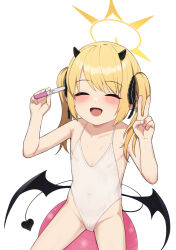  1girl :d ball bare_arms bare_shoulders black_horns black_tail black_wings blonde_hair blue_archive blush closed_eyes commentary_request demon_girl demon_horns demon_tail demon_wings exercise_ball facing_viewer flat_chest halo highres horns ibuki_(blue_archive) implied_pregnancy loli long_hair looking_at_viewer low_wings one-piece_swimsuit open_mouth pregnancy_test simple_background sitting_on_ball smile solo swimsuit tail taji_(crowview) twintails v white_background white_swimsuit wings yellow_halo 