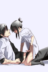  2boys black_hair blush bottomless highres male_focus multiple_boys naughty_face penis shota size_difference sweat tagme yaoi  rating:Explicit score:15 user:harucho