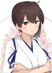  1girl breasts brown_hair commentary_request crossed_arms double-parted_bangs floral_background hair_between_eyes highres japanese_clothes kaga_(kancolle) kantai_collection kimono large_breasts light_blush looking_at_viewer medium_hair osananajimi_neko pink_lips revision side_ponytail solo upper_body white_kimono 