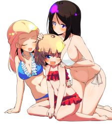 3girls :o arm_around_neck arm_support barefoot between_breasts bikini bikini_skirt blonde_hair blue_eyes blush breasts clara_(girls_und_panzer) cleavage closed_eyes commentary_request fang flat_chest frilled_bikini frills girl_sandwich girls_und_panzer hand_on_another&#039;s_head hand_on_another&#039;s_shoulder head_on_chest jewelry katyusha_(girls_und_panzer) kneeling large_breasts leaning_forward leaning_to_the_side legs light_smile looking_at_another medium_breasts multiple_girls navel necklace nonna_(girls_und_panzer) one_eye_closed open_mouth parted_bangs red_shirt sandwiched shirt short_hair side-tie_bikini_bottom simple_background sitting skindentation sw_(taco) swimsuit white_background yokozuwari rating:Sensitive score:12 user:danbooru