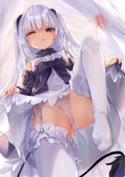  1girl absurdres bare_shoulders blush cameltoe chloe_lilith_stella cleft_of_venus clothes_lift demon_girl demon_tail dress dress_lift feet frilled_thighhighs frills from_below garter_straps heterochromia highres kedama_milk kiss_kiss_drain leg_up legs lifting_own_clothes loli long_hair long_sleeves looking_at_viewer looking_down no_shoes non-web_source open_mouth original panties pointy_ears red_eyes silver_hair slit_pupils solo spread_legs standing standing_on_one_leg tail thighhighs twitter_username two_side_up underwear white_dress white_panties white_thighhighs yellow_eyes  rating:Questionable score:176 user:danbooru