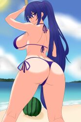  akiyama_rinko ass beach bikini breasts food fruit large_breasts long_hair ocean ponytail solo swimsuit taimanin_(series) taimanin_yukikaze watermelon 